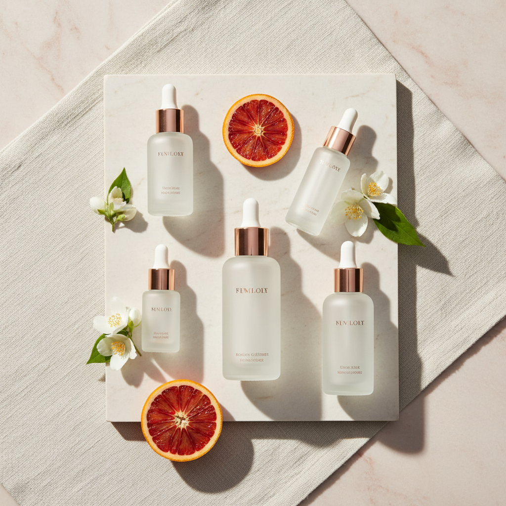 Luxurious glass serum bottles with dropper against a soft, sunlit background, showcasing the best serums for skin glow in a UK morning routine, with elegant flo