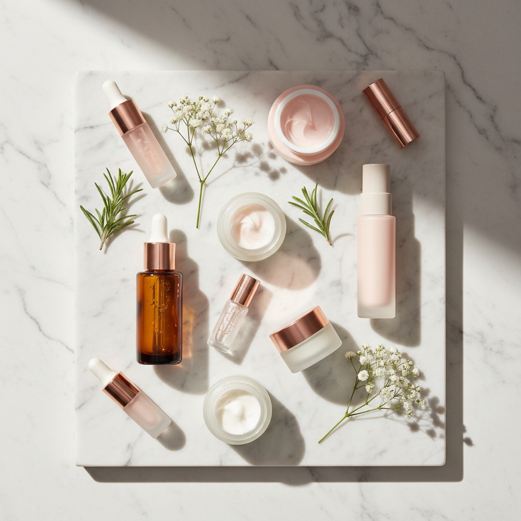 Luxurious skincare products arranged on a marble surface with delicate flowers, illustrating a premium approach to achieving an even skin tone in the UK.
