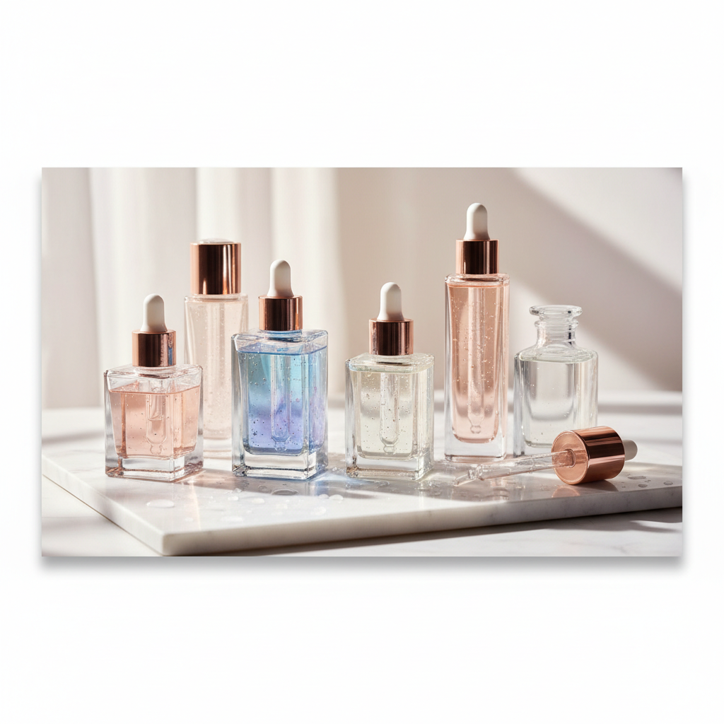 Luxurious glass skincare bottles with copper peptide serums and hyaluronic acid, reflecting light on a dewy surface, illustrating the journey to glass skin in t