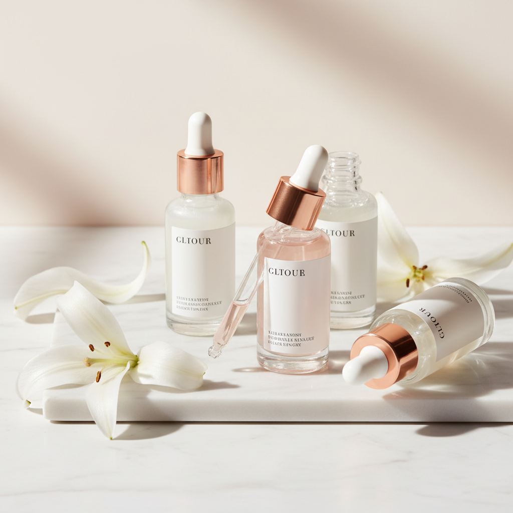 Close-up of clear glass bottles of luxury skincare serums, some with dropper caps, on a smooth, light marble surface, surrounded by delicate white flowers and a