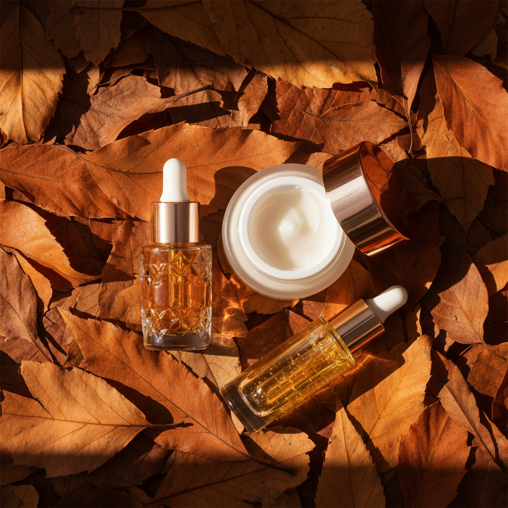 Luxurious autumn skincare products artfully arranged with fallen leaves and warm, soft lighting, reflecting a serene skincare routine for autumn UK