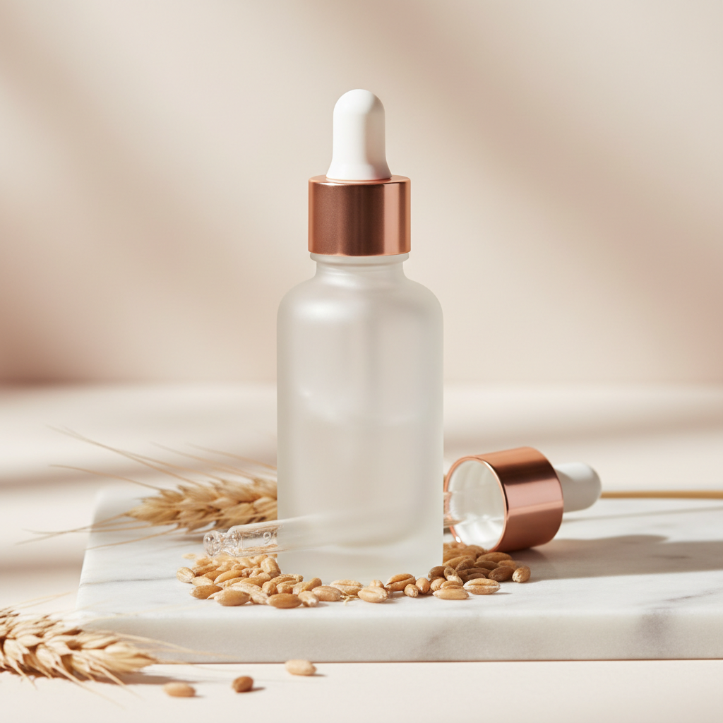 Close-up of a luxurious serum bottle containing Azelaic Acid UK, with delicate grains of wheat and barley scattered on a marble surface.