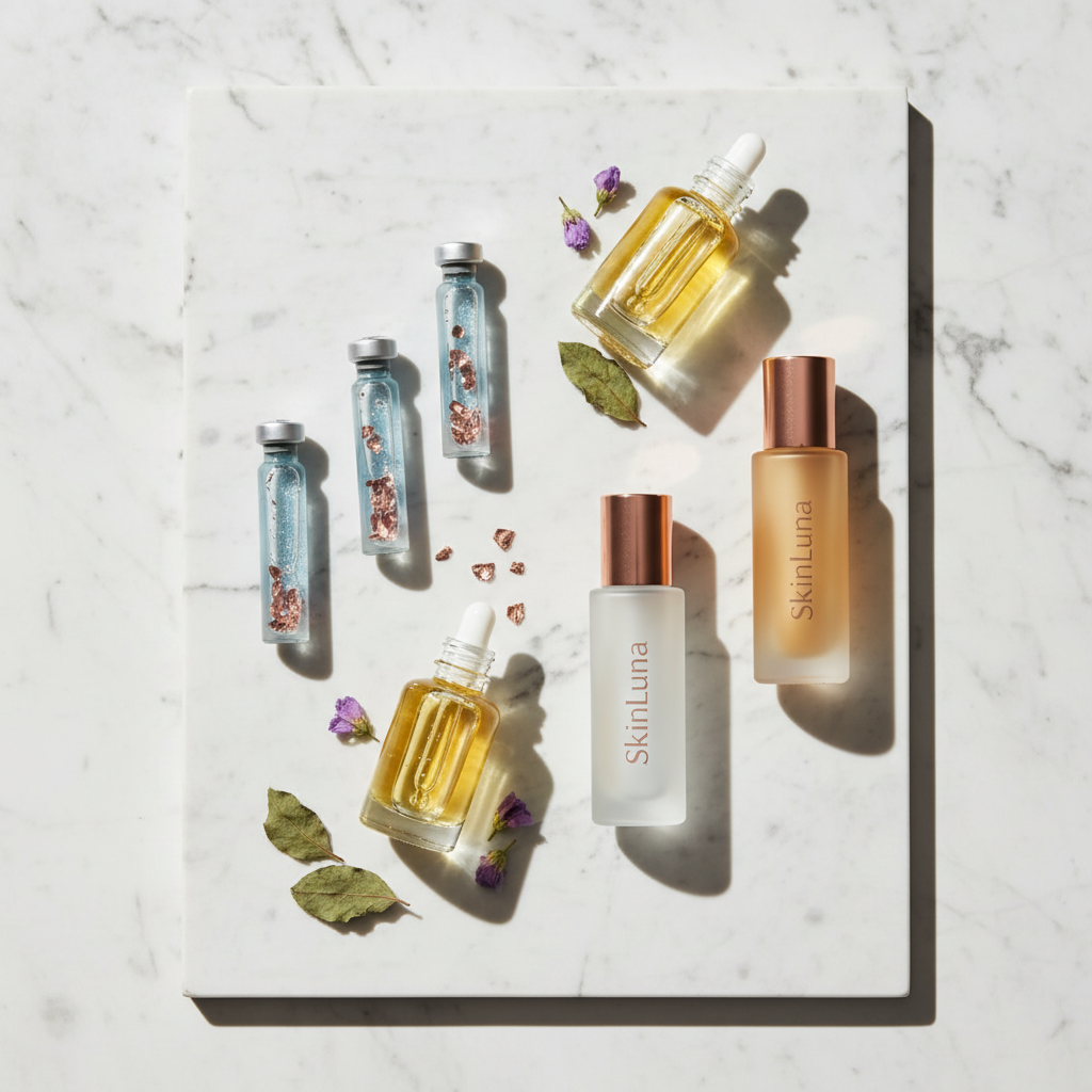 Luxurious array of skincare ingredients including bakuchiol extract, small copper peptide vials (GHK-Cu), and sophisticated amber glass SkinLuna product bottles