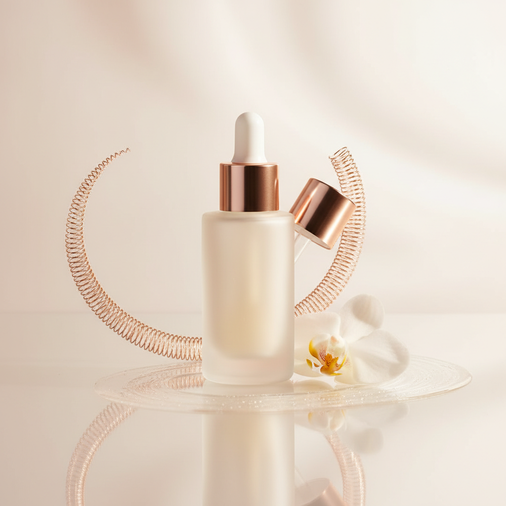 Close-up of a luxurious eye serum bottle with golden accents amidst soft, diffused light, highlighting the best eye serums UK
