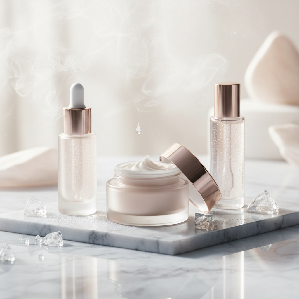 Luxurious skincare products arranged on a marble surface with delicate frost, illustrating how to fix dry skin in London winter