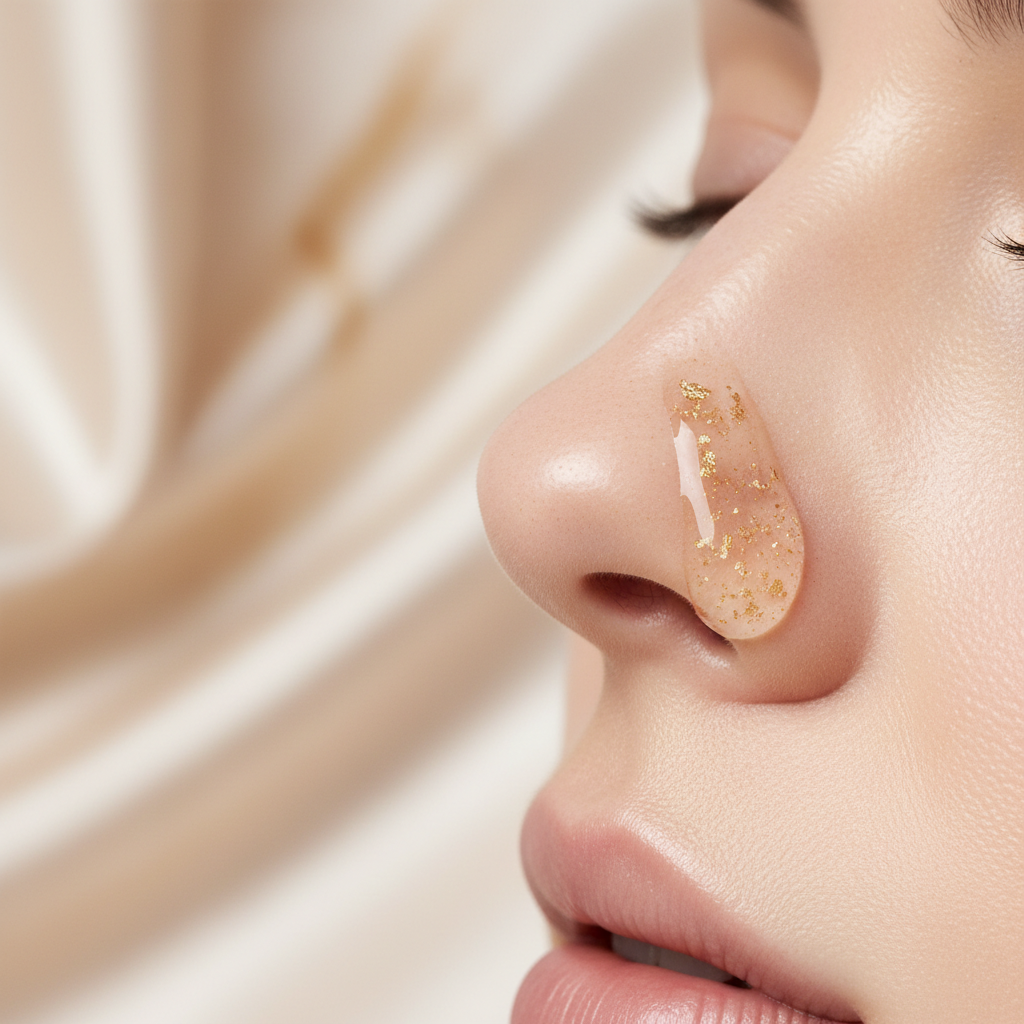 Close-up shot of a luxurious, hydrating serum being applied to the bridge of a nose, highlighting the delicate skin texture and the product's absorption. Focuse