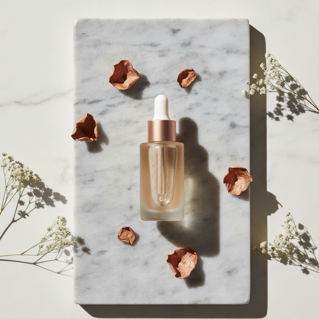 Close-up of a luxurious, elegantly designed serum bottle with soft light reflections, surrounded by delicate copper-toned botanicals against a neutral backgroun