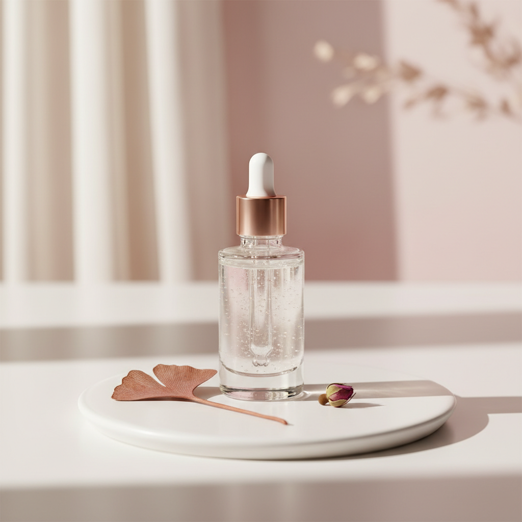 Close-up of a luxurious, clear peptide serum bottle with a pipette, against a soft, diffused light, highlighting the best peptide serums for beginners UK.
