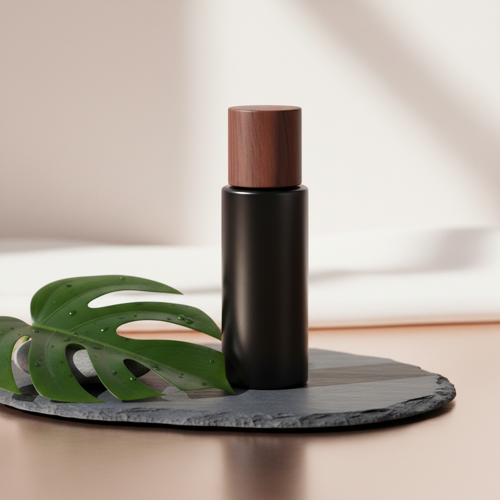 A luxurious ceramic bottle of anti-aging serum for men UK, positioned on a dark, textured stone surface with subtle reflections and botanical elements, evoking