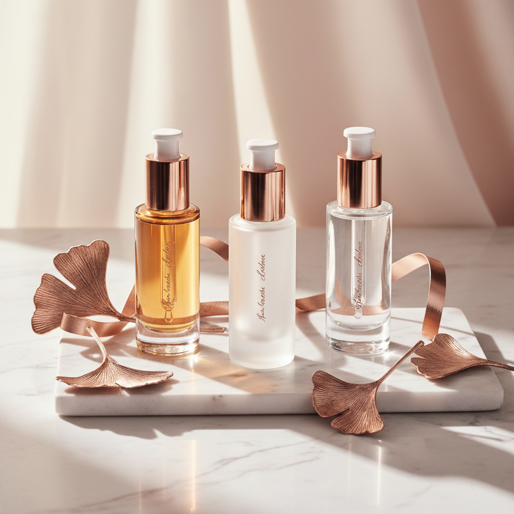 Luxurious glass bottles of best anti-aging serums UK, with elegant gold detailing, surrounded by copper leaves and soft, diffused light, on a marble surface.