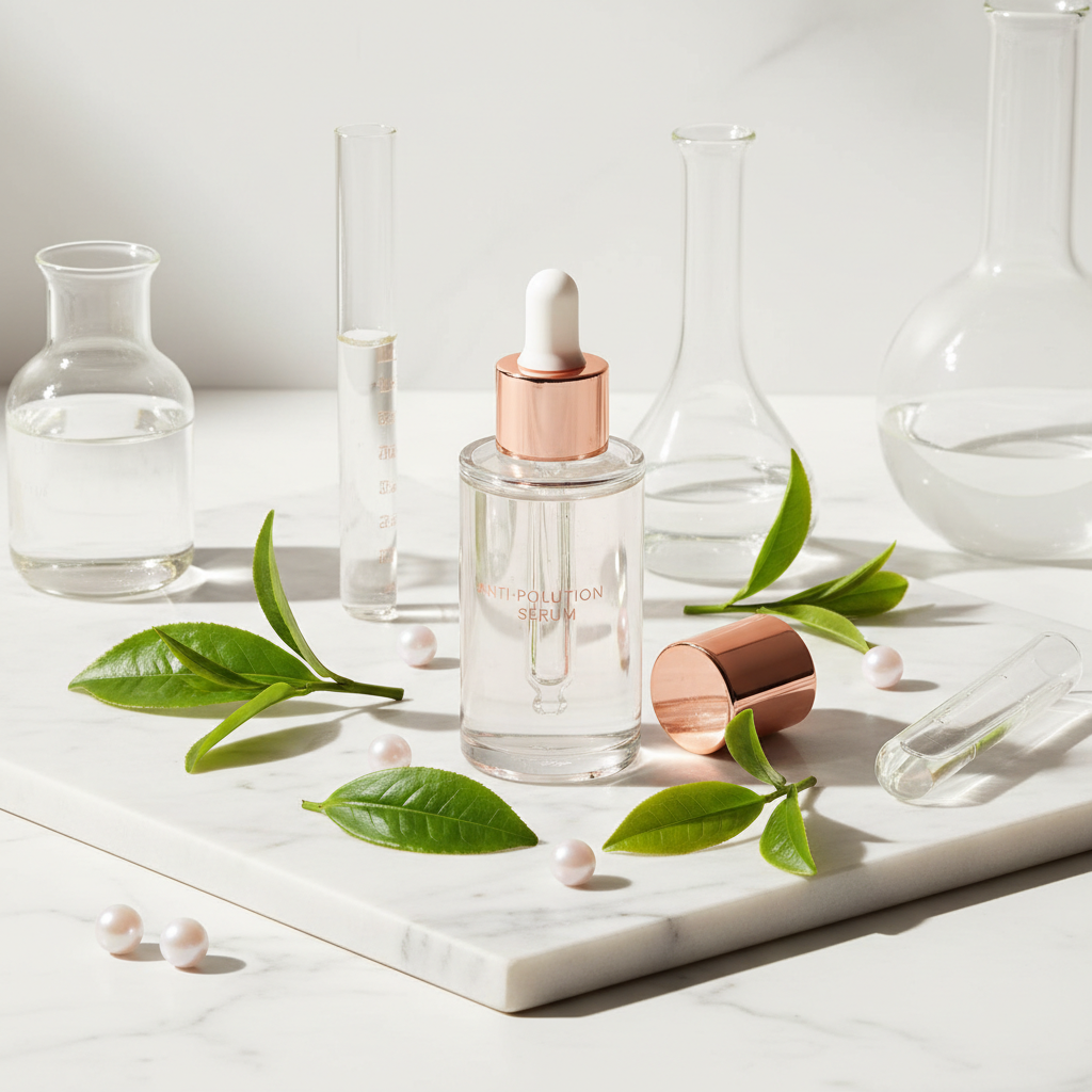 Close-up shot of a luxurious anti-pollution skincare serum bottle with a glass dropper, surrounded by green tea leaves, ceramide capsules, and a subtle hint of