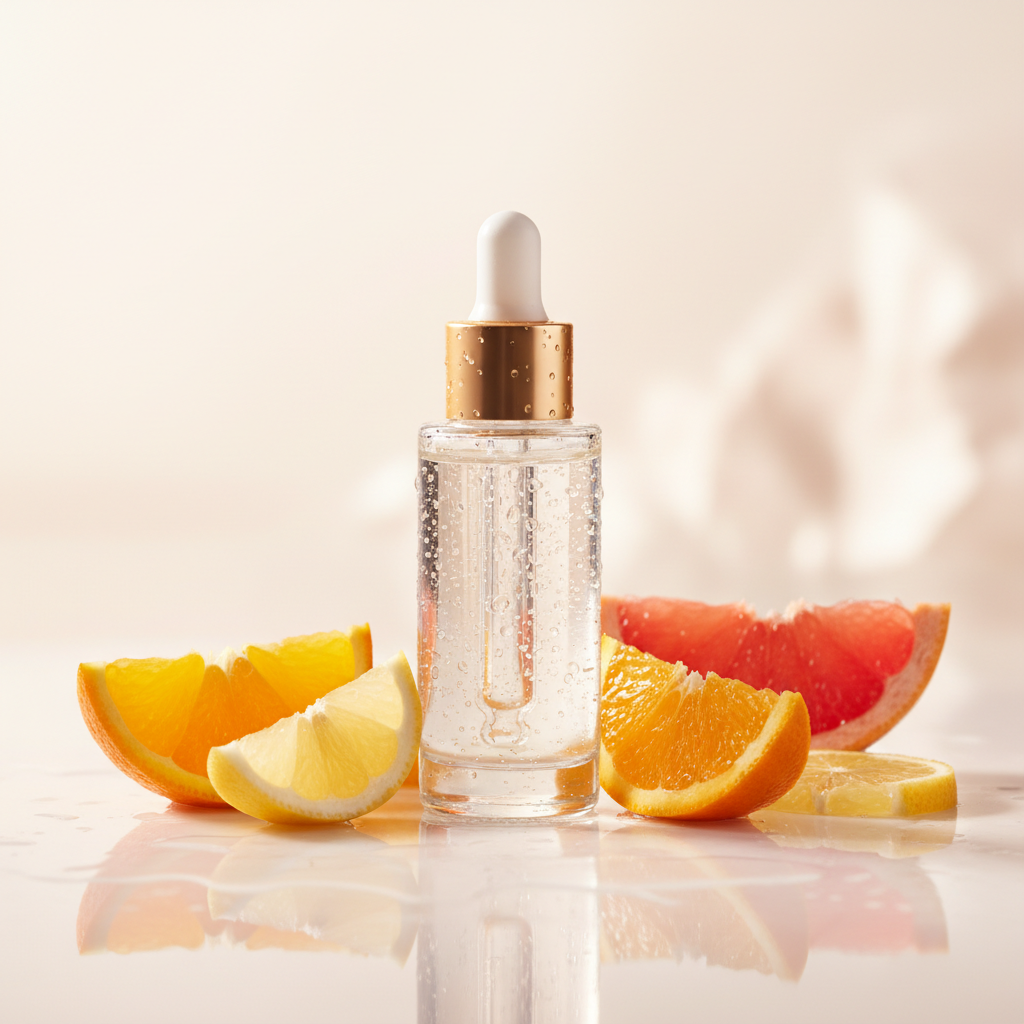 Close-up shot of a luxurious gold-capped glass serum bottle among fresh, dewy citrus slices and soft, diffused light, highlighting the best brightening serums U