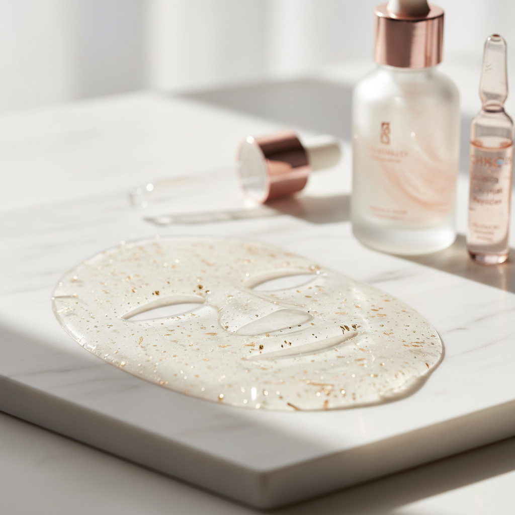 Close-up shot of a luxurious hydrogel collagen face mask with gold flakes on a pristine white surface, highlighting best collagen face masks UK