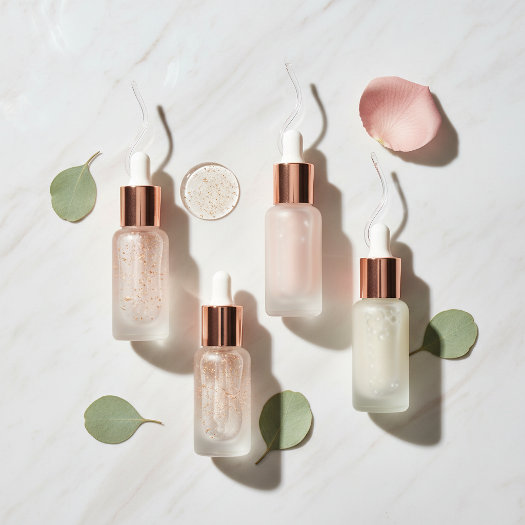 Luxurious array of glass serum bottles with pipettes, botanical elements like copper-toned leaves, and soft, natural lighting, representing the best cruelty-fre