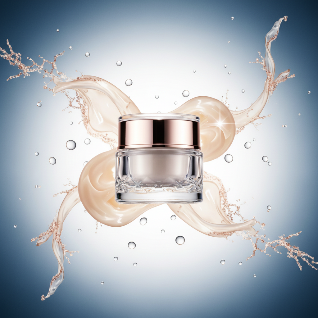 Luxurious glass jar of the best dry skin face cream UK, surrounded by hydrating ingredients like hyaluronic acid droplets and shea butter swirls, on a moisture-