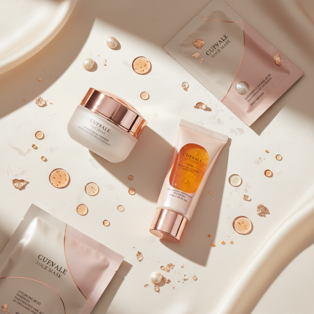 Luxurious array of face masks for glowing skin UK 2026, featuring various textures in elegant pots and tubes against a soft, luminous background.