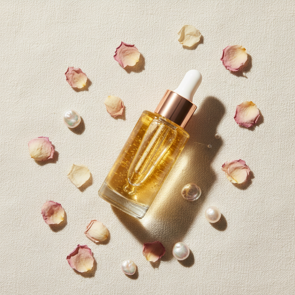 Luxurious glass dropper bottle containing golden face oil, surrounded by botanical ingredients like rose petals and argan nuts, on a smooth, reflective surface