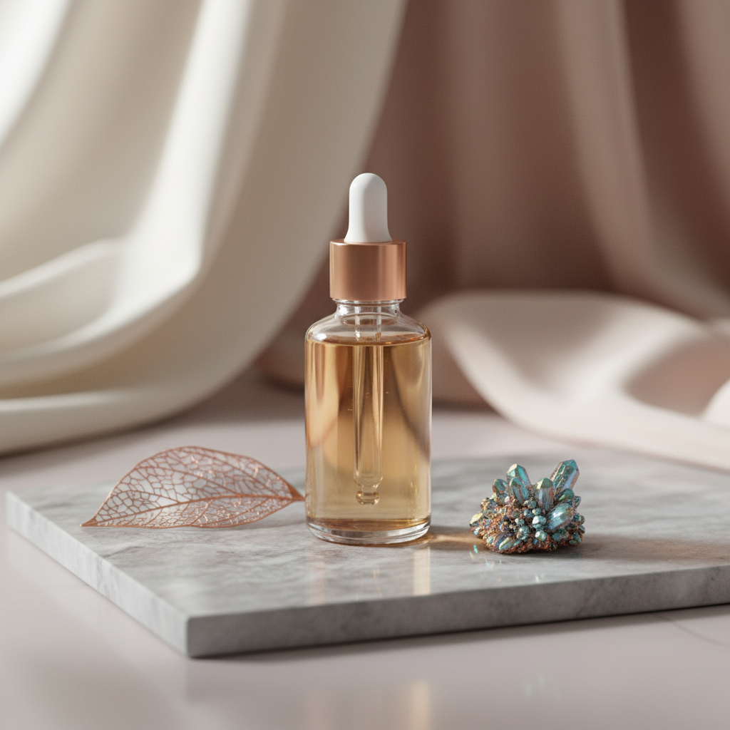 Luxurious glass bottle of the best face serum UK 2026, with copper peptides, on a marble surface with delicate gold accents and soft, diffused light, evoking pr