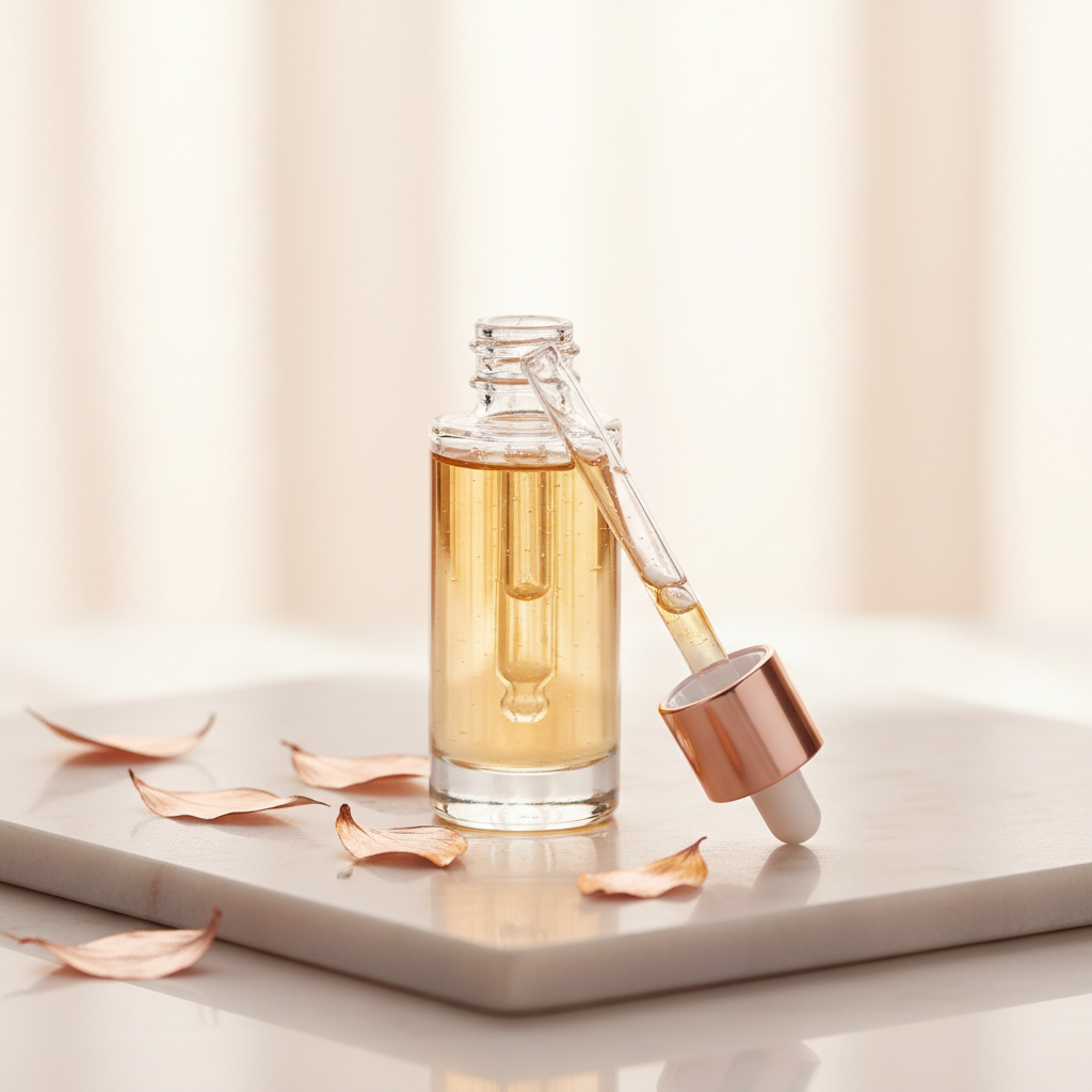 Luxurious, minimalist setting with a glass dropper bottle of face serum, showcasing the texture on a silver spoon, surrounded by soft lighting and copper-toned