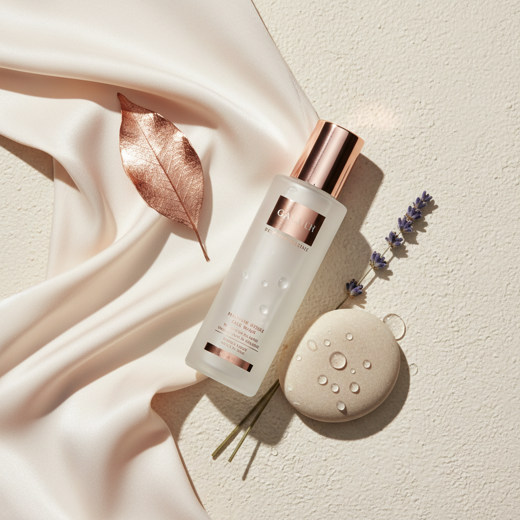 Luxurious, minimalist skincare products, including a bottle of the Best Face Wash UK, against a soft, luminous backdrop with elegant British aesthetics.