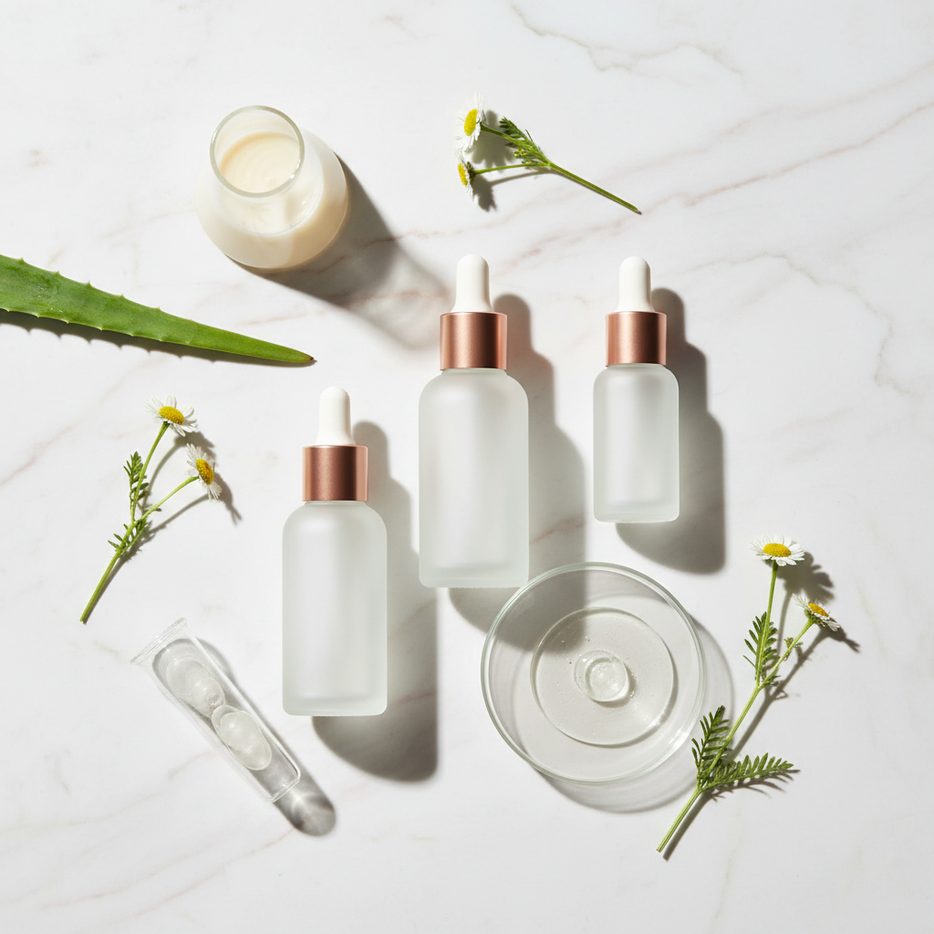 Elevated flat lay of various elegant, minimalist fragrance-free serums UK bottles alongside scientific beakers, delicate botanical elements, and soft, natural l