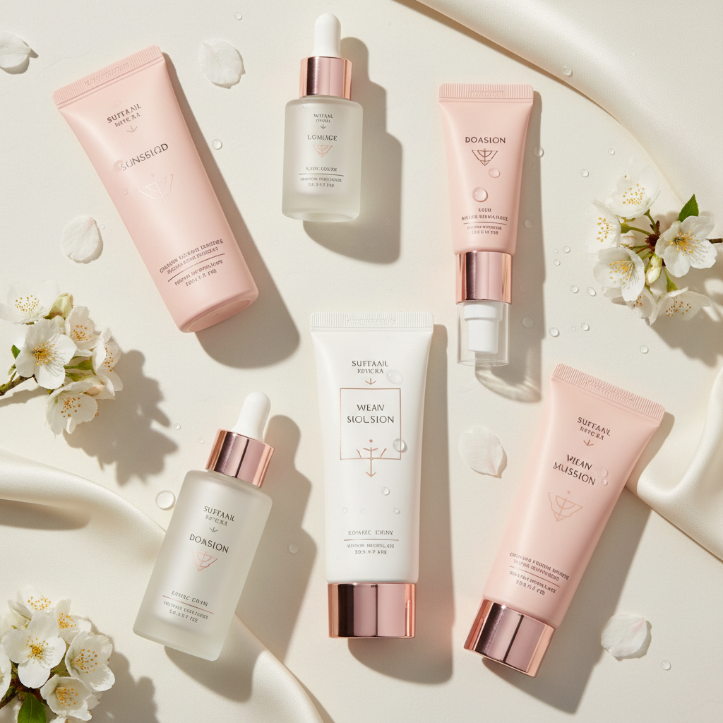 Luxurious array of elegant Korean sunscreen tubes and bottles artfully arranged with delicate botanical elements and a soft, luminous glow, signalling the best