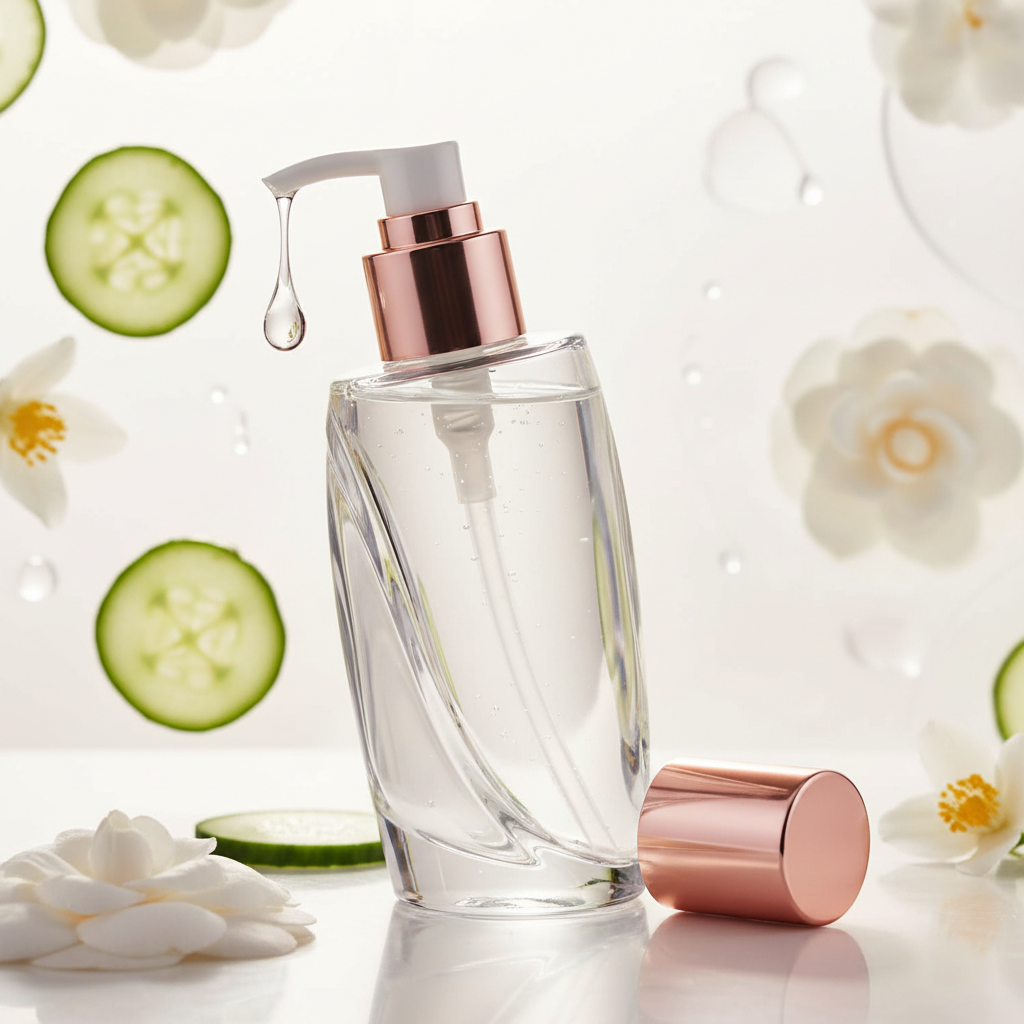 Close-up of a luxurious glass bottle of micellar water with a delicate droplet forming, against a soft, illuminated background, evoking the best micellar water