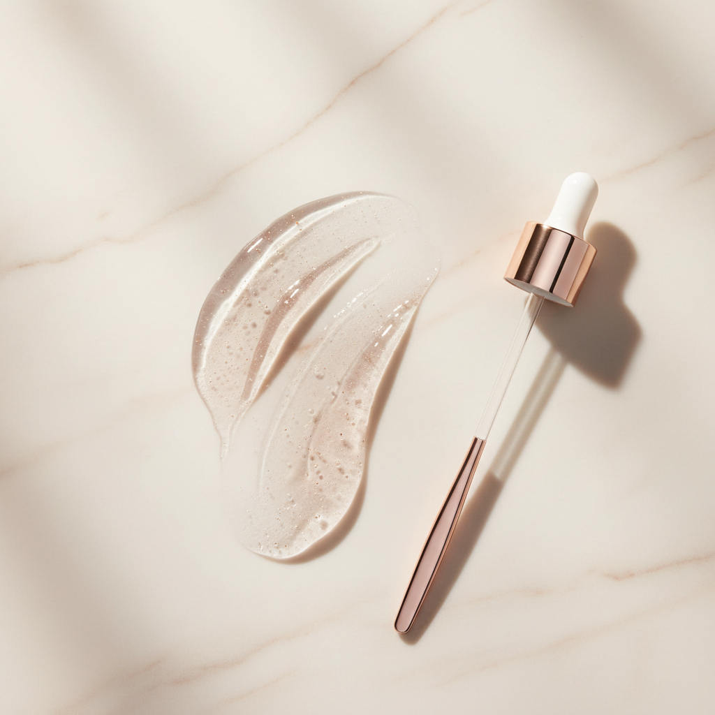 Close-up of a luxurious gel-cream texture, pristine and translucent, with dewy light reflections, ideal for oily skin products UK.
