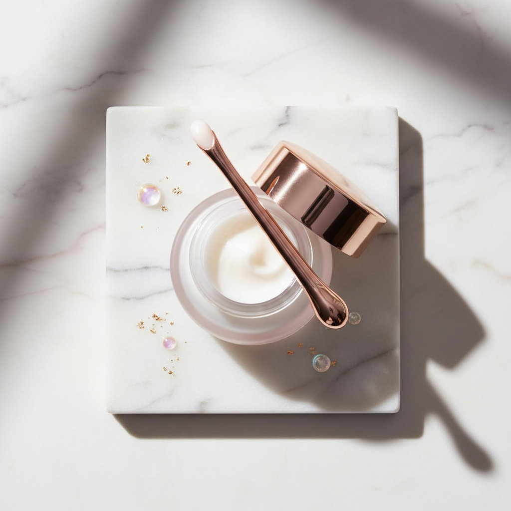 Close-up of a luxurious peptide eye cream jar and applicator on a marble surface with delicate gold accents, depicting the best peptide eye creams UK
