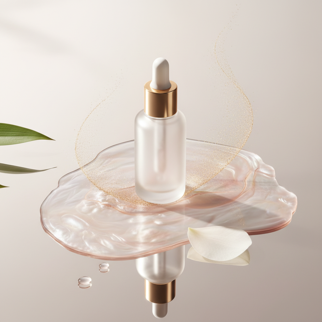Close-up of a luxurious peptide serum bottle with metallic accents, surrounded by shimmering liquid and botanical extracts, symbolising the best peptide serums