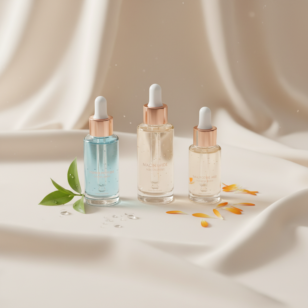 Luxurious skincare serums for acne-prone skin UK, featuring elegant glass bottles with dropper tops, botanical extracts, and soft, natural light