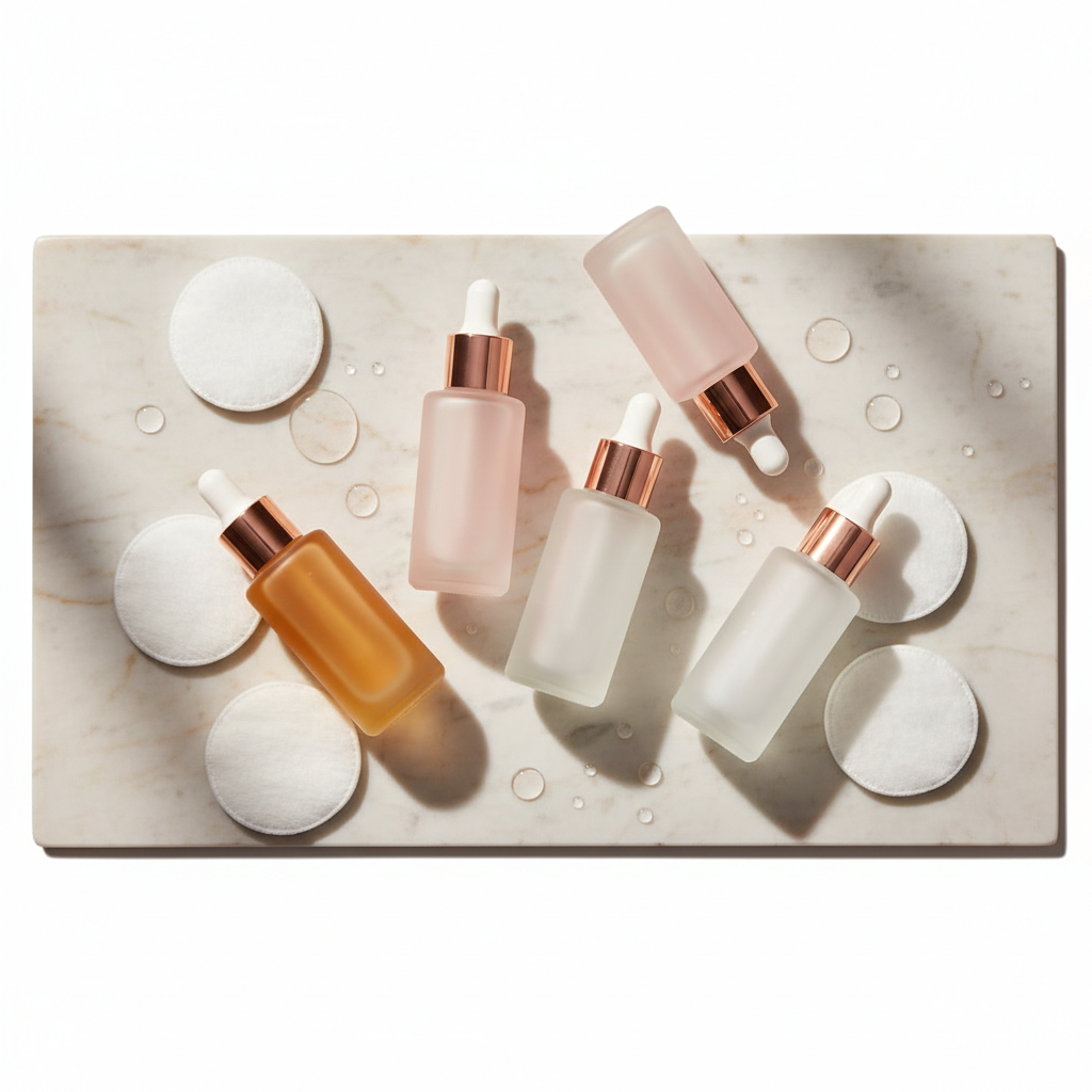 Luxurious array of the best serums for dry skin in the UK, featuring elegant glass bottles, hydrating droplets, and soft winter light