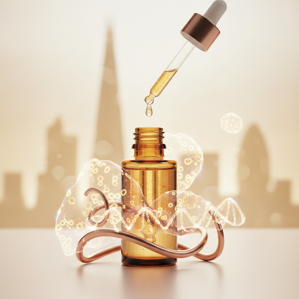 Close-up of a luxurious copper peptide serum bottle with elegant dropper, surrounded by botanical elements, signifying the best serums for forehead lines UK.
