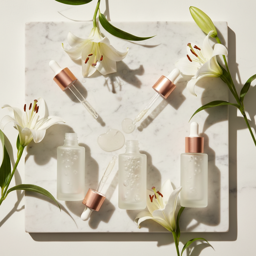 Close-up shot of elegant glass serum bottles with dropper applicators, featuring botanicals like white lilies and green leaves, on a marble surface with soft, d