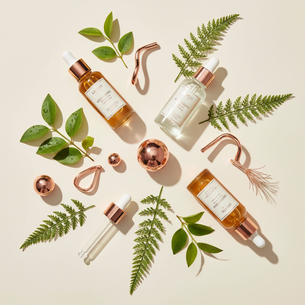 Luxurious array of amber and clear glass serum bottles with droppers, surrounded by elegant green leaves and delicate copper-toned accents, on a pristine white