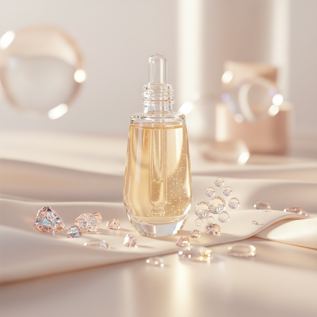 Luxurious gold-tinted serum bottle with pipette, resting on silk and surrounded by copper peptide crystals and hyaluronic acid droplets, to represent the best s