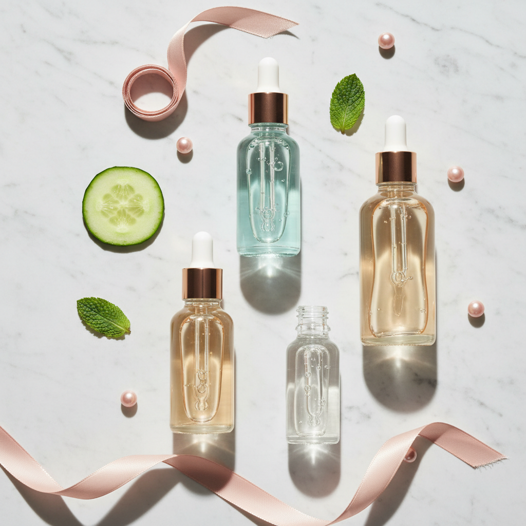 Close-up of lightweight, clear serums in elegant glass dropper bottles, surrounded by subtle summer elements like a single fresh cucumber slice and a mint leaf,