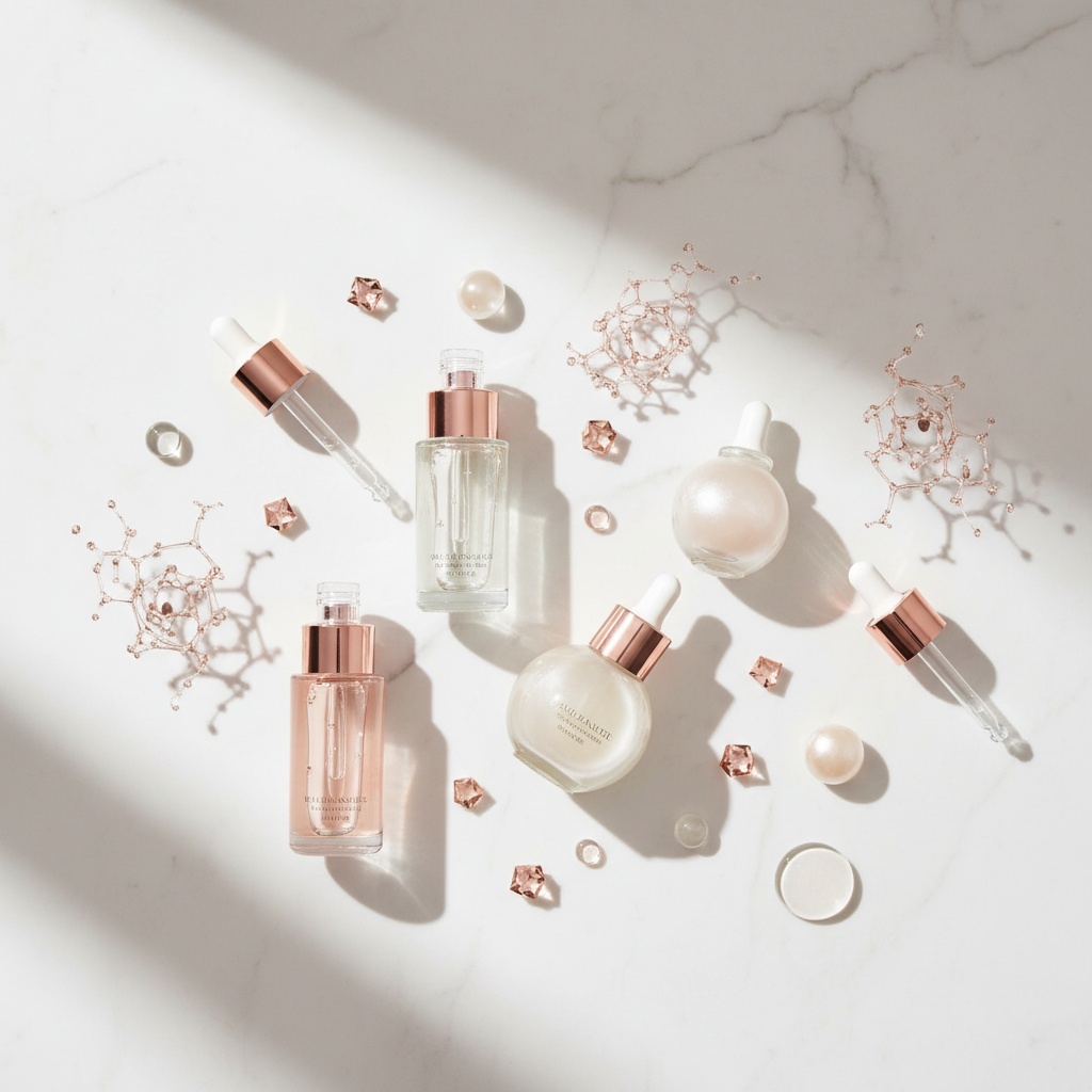 Luxurious array of the best serums for plump skin UK, featuring delicate glass bottles, a copper peptide vial, and water droplets on a marble background, illust