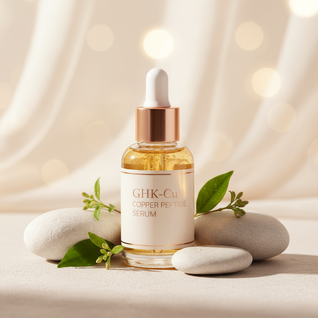 Close-up of elegant skincare formulation in a clear glass dropper bottle, with subtle light reflections, natural botanical elements, and a serene, luxurious bac