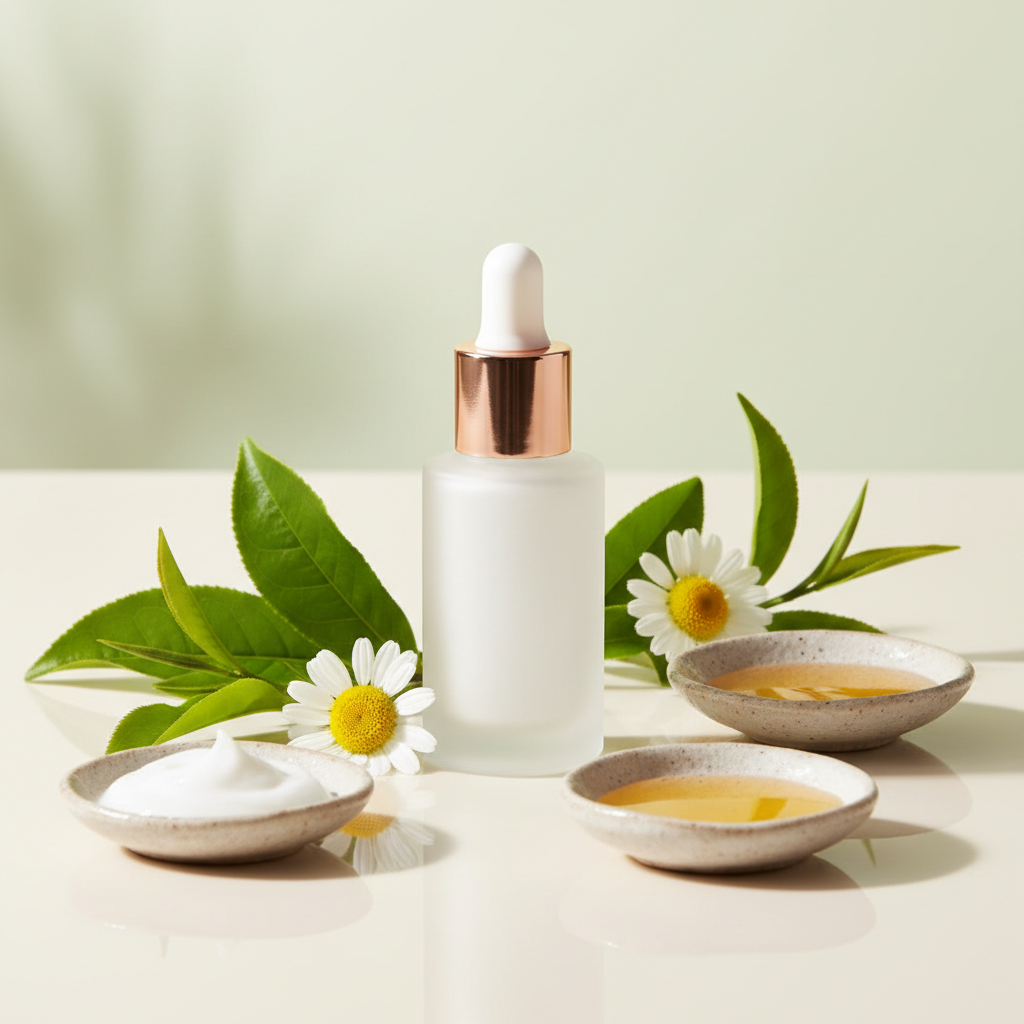 Close-up of a luxurious, calming anti-redness serum bottle with a dropper, surrounded by delicate, fresh green tea leaves and chamomile flowers on a soft, natur