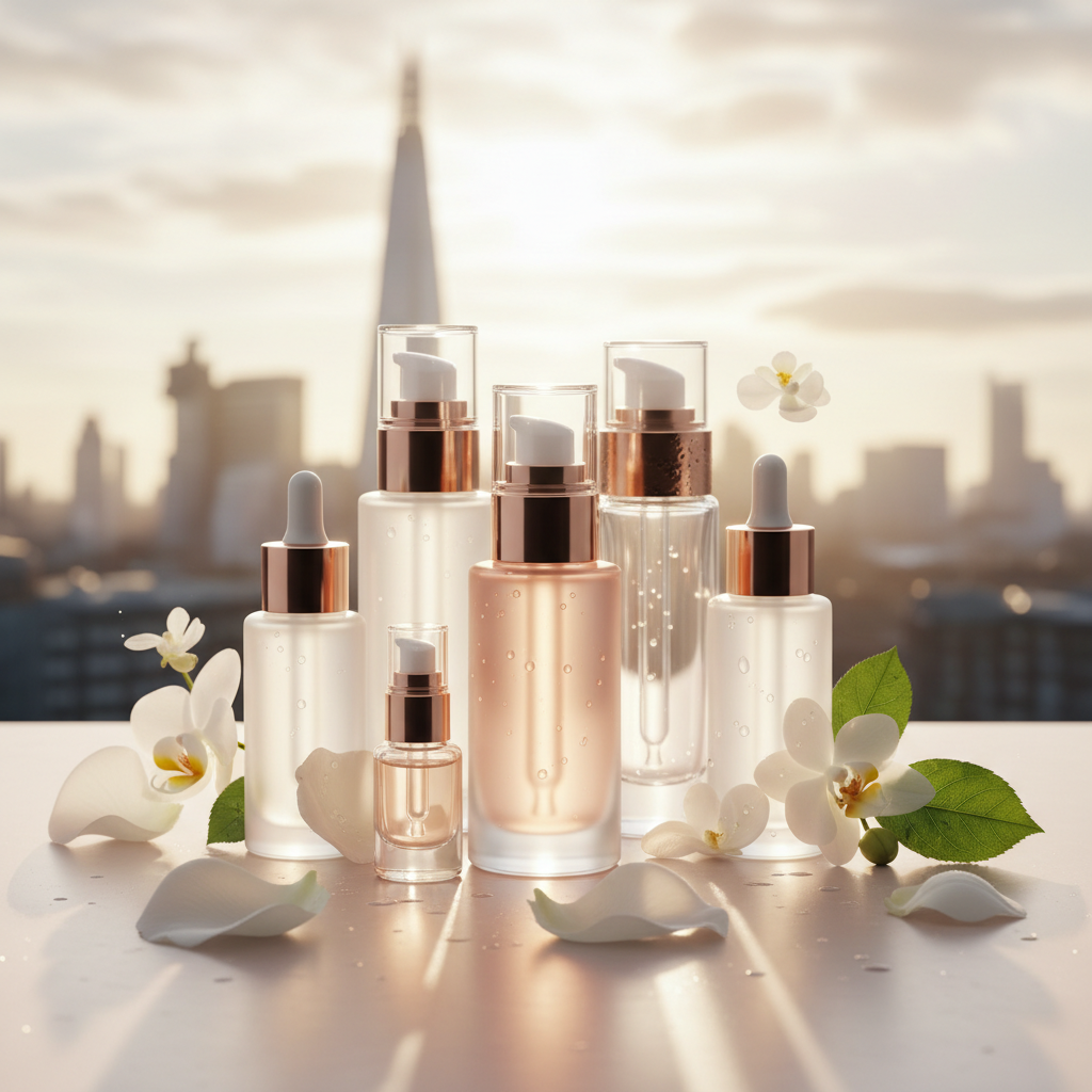 Luxurious array of anti-ageing serums with ingredients like copper peptides and hyaluronic acid for skin after 60 in the UK, depicted with soft, elegant lightin