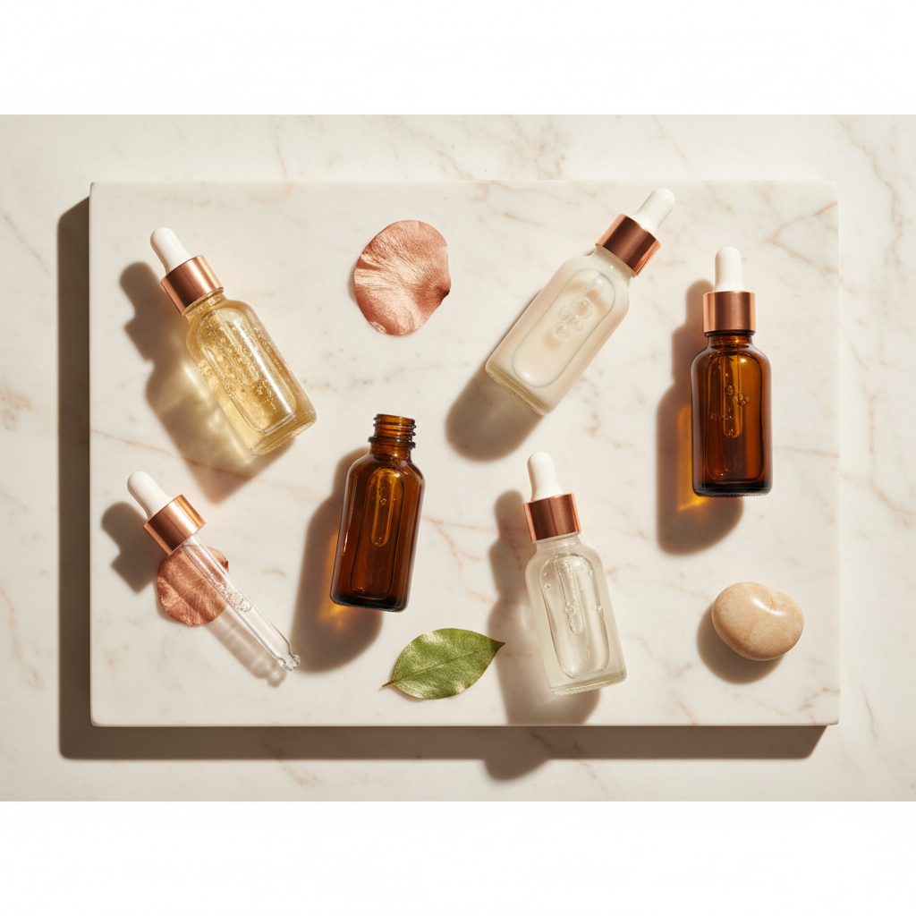 Luxurious array of amber glass serum bottles and droppers showcasing texture, perfect for skin after weight loss UK skincare