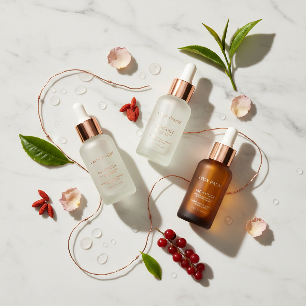 Luxurious array of the best serums for skin bounce UK, featuring elegant glass bottles, copper peptide ingredients, and lush botanicals on a marble surface.