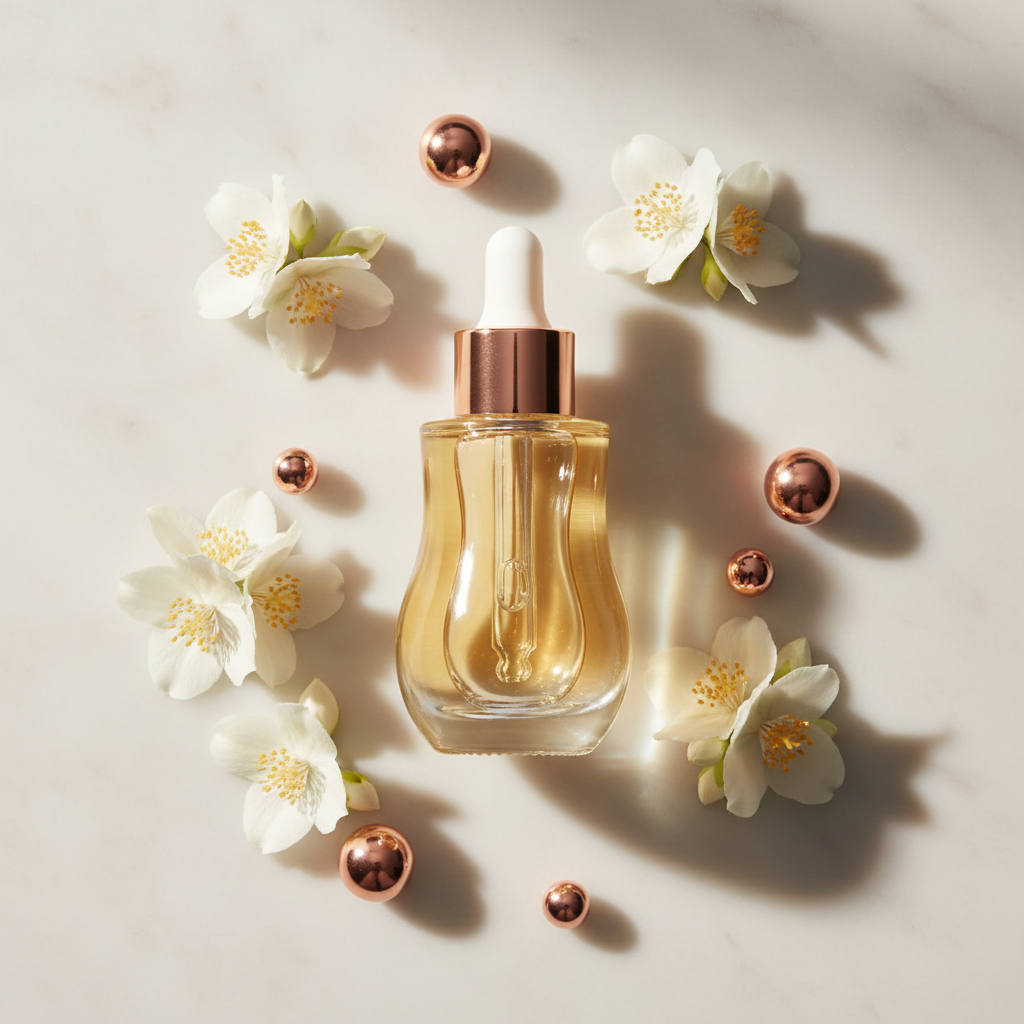 Clear glass dropper bottle with a potent serum for skin clarity, reflecting a soft glow, amidst botanical extracts and scientific glassware, promoting luminous