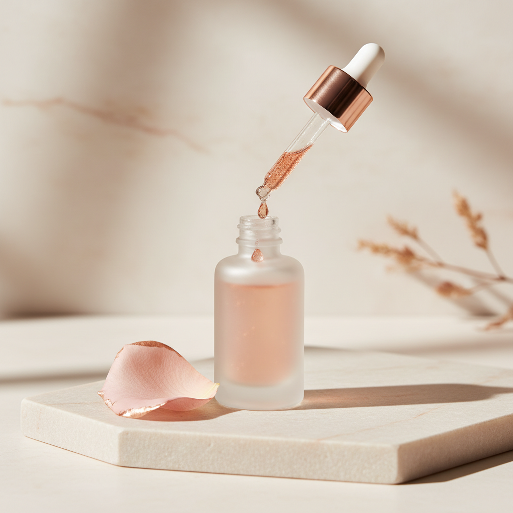 Close-up of a luxurious copper peptide serum dropper next to a bottle, with soft, natural light, symbolising the best serums for skin elasticity UK.