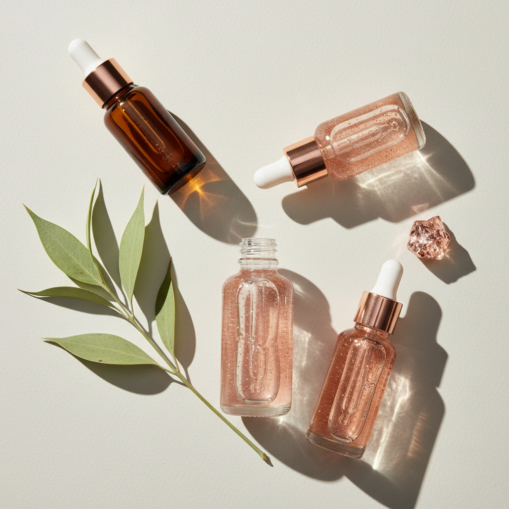 Luxurious array of the best serums for skin firmness UK, showcasing amber and clear bottles with dropper applicators, set against a backdrop of soft, natural li