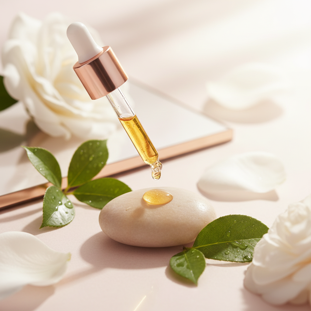 Close-up of a luxurious glass dropper bottle with a golden serum, showcasing its texture, amidst serene, soft-focus flora, representing the best serums for skin