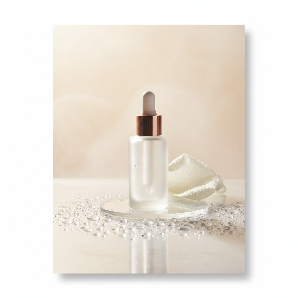 Elevated view of a high-performance hydrating serum bottle with pipet, surrounded by pure water droplets and botanical elements on a reflective surface, highlig
