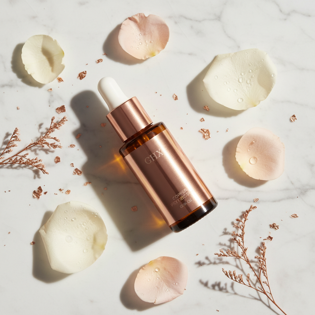Luxurious glass bottle of a copper peptide serum on a marble surface with delicate gold accents, signifying the best serums for skin repair overnight UK.