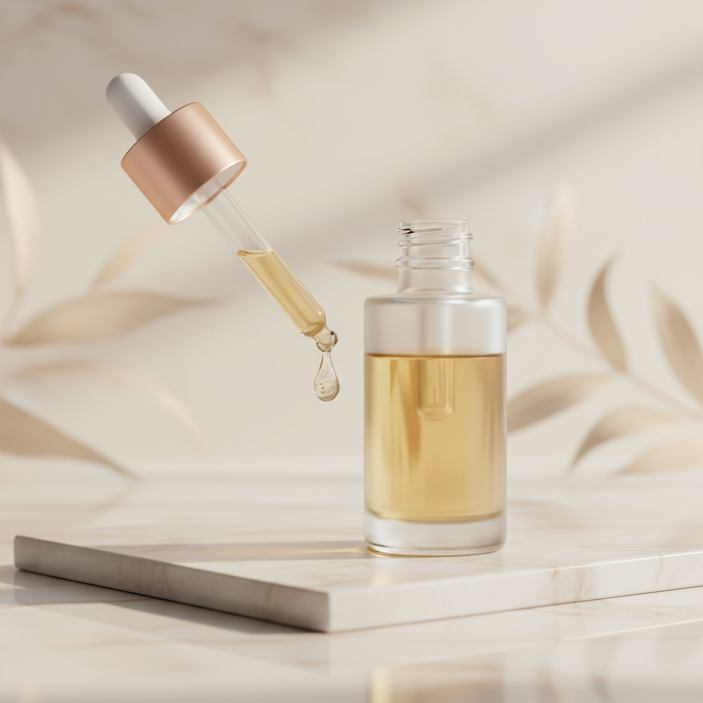 Close-up of a luxurious copper peptide serum bottle with delicate drops on glass and soft, diffused light, perfect for showing best serums for skin texture impr